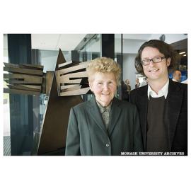 Mrs Laima Jomantas and MUMA Director Max Delany at the unveiling of the 'Sun Temple 1' sculpture by Vincas Jomantas, at the Australian Synchrotron