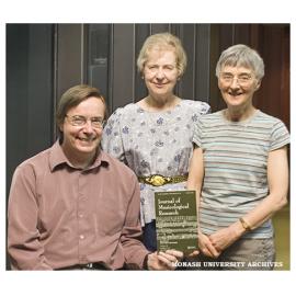 Professor Margaret Kartomi (centre) with Associate Professor Craig De Wilde and Dr Kay Dreyfus of the School of Music with an edition of Journal of Musicological Research on Ethnomusicology, published in honour of Prof Kartomi