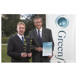 Greenfleet representative Mr Leigh Curran with Vice Chancellor Professor Richard Larkins (right). Monash is the first Australian organisation to offset greenhouse emissions from air travel.