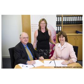 Dr Bob Frater, Chairman, and Rosie Hicks, CEO of the Australian National Fabrication Facility with Deputy Vice-Chancellor (Research) Prof Edwina Cornish at the signing of an agreement to establish the Melbourne Centre for Nanofabrication
