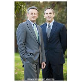 Professor Paul Webley of the Faculty of Engineering and Air Commodore John Harvey (right), who visited campus to discuss the role of researchers in the Joint Strike Fighter aircraft program.
