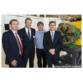 Ludwig Institute Director Professor Tony Burgess, Vice Chancellor Professor Richard Larkins, lead accelerator physicist Greg LeBlanc and Minister John Brumby at the announcement of first light at the Australian Synchrotron