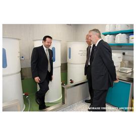Professor Peter Currie, Vice Chancellor Professor Richard Larkins and Victorian Innovation Minister Gavin Jennings touring the zebra fish research facility in the Australian Regenerative Medicine Institute