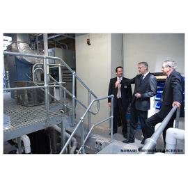 Professor Peter Currie, Victorian Innovation Minister Gavin Jennings and Vice Chancellor Professor Richard Larkins touring the zebra fish research facility in the Australian Regenerative Medicine Institute
