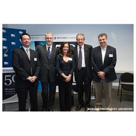 Professor Peter Currie, Victorian Innovation Minister Gavin Jennings, Professor Nadia Rosenthal, VC Richard Larkins, Professor Steve Wesselingh at opening of the zebra fish research facility in the Australian Regenerative Medicine Institute