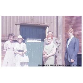 Myrtle Spottiswood, Kathleen Thomson, Anne Frazer, David Darling and Murray Frazer outside the Monash University Library in the Volkswagon factory