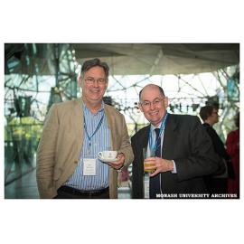 Professor John Bertram and Professor Julian Rood at an event celebrating the 50th anniversary of the Department of Microbiology