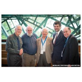 Current and former Heads of the Department of Microbiology (left to right) - Ron Bayly, John Davies, Emeritus Professor Solly Faine, Christian Doerig and Professor Julian Rood at an event celebrating its 50th anniversary