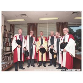 Silver Jubilee Graduation ceremony visitors (from left) Bishop Peter Hollingworth; Mr H. M. McKenzie; Prince Philip, Duke of Edinburgh; Sir John Young; Emeritus Professor Sir Edward Hughes and Sir James McNeill