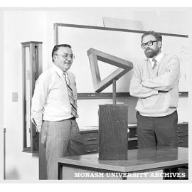Professor Bill Rachinger (left) and Dr Richard Gunstone with a joint Faculty of Education and Physics Department exhibit