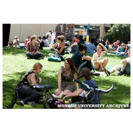 Students on Forum lawn with Campus Centre in background
