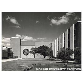 Forum looking towards Robert Blackwood Hall, with Matheson Library on right and University Offices on left