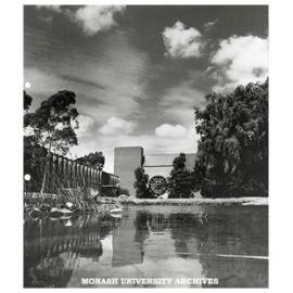 Looking over pond in forum towards Robert Blackwood Hall and University Offices