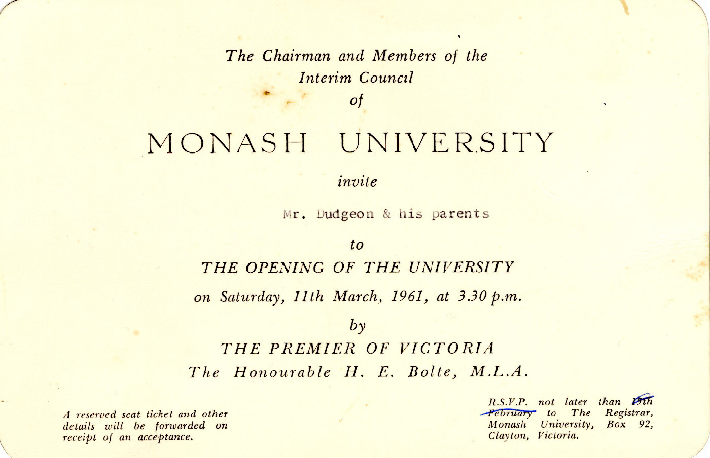Invitation to the Opening of Monash University,  11 March, 1961
