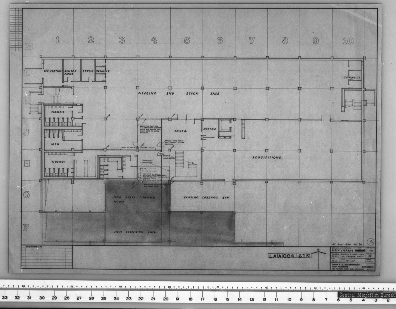 Negative of plan of lower ground floor of Main Library stage 1 - John F. D. Scarborough and Partners - Drawing no LAA0467C